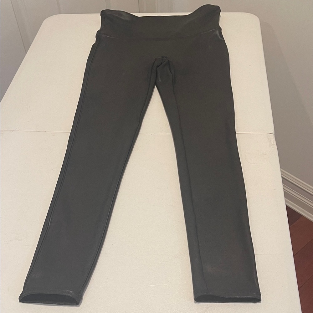 SPANX Black Faux Leather Power Waist Band High Rise Bodycon Leggings Size Medium - Picture 4 of 12